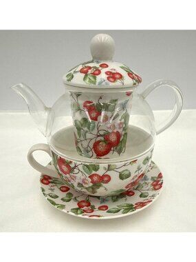 Grace Fine Porcelain Tea For One Set Strawberry Print Teapot Infuser Cup & Sauce
